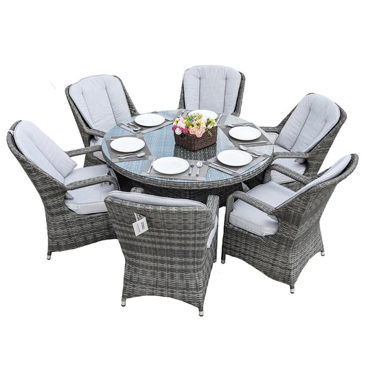 HomeRoots Outdoors - Cordella Grey 7-Piece Wicker Round Outdoor Dining Set With Grey Cushions - 389970