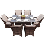 HomeRoots Outdoors - Ozark Brown 7-Piece Wicker Rectangular Outdoor Dining Set With Beige Cushion - 389971