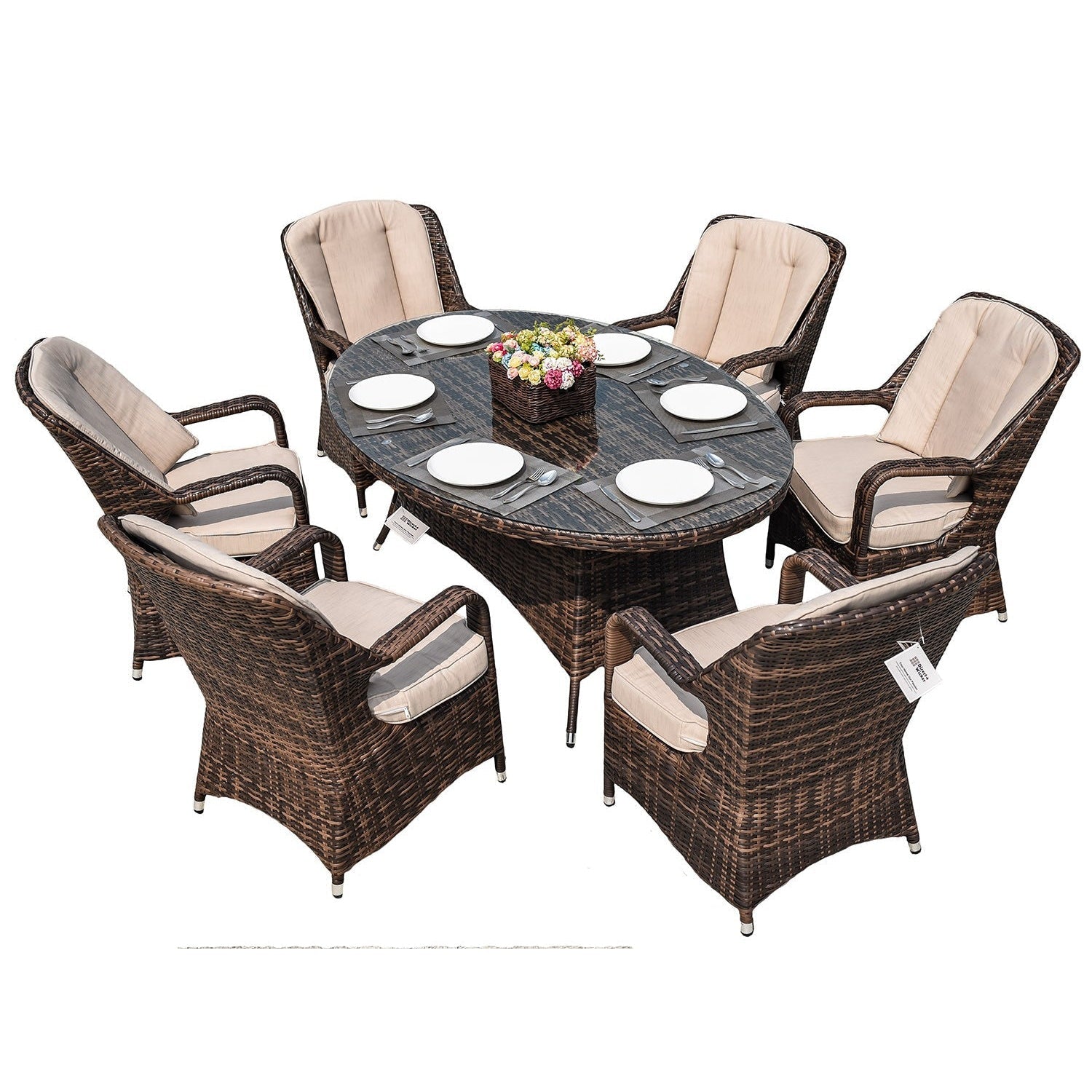 HomeRoots Outdoors - Ozark Brown 8-Piece Wicker Oval Outdoor Dining Set With Beige Cushion - 389973