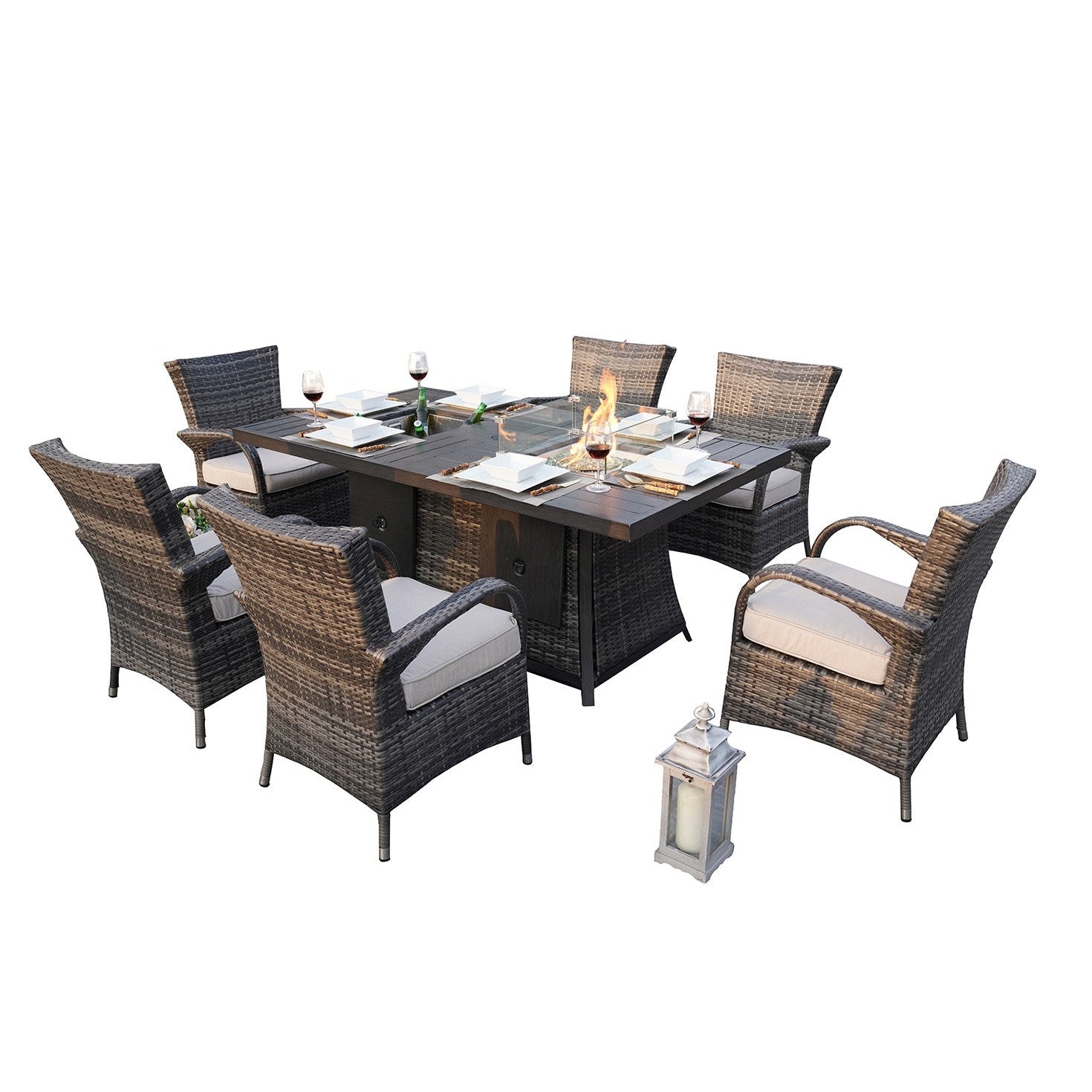 HomeRoots Outdoors - ELLE Gray 7-Piece Wicker Outdoor Dining Set With Gray Cushions Patio Fire Pits Table - 408287