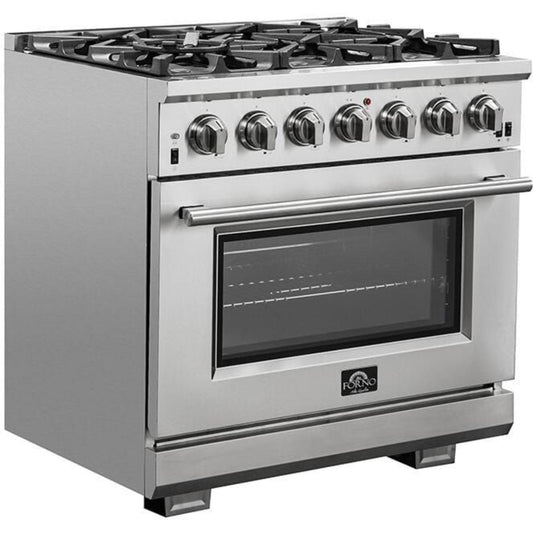 Forno Appliace Package - 36 Inch Gas Burner/Electric Oven Pro Range, Wall Mount Range Hood, Refrigerator, Microwave Drawer, Dishwasher, AP-FFSGS6187-36-8