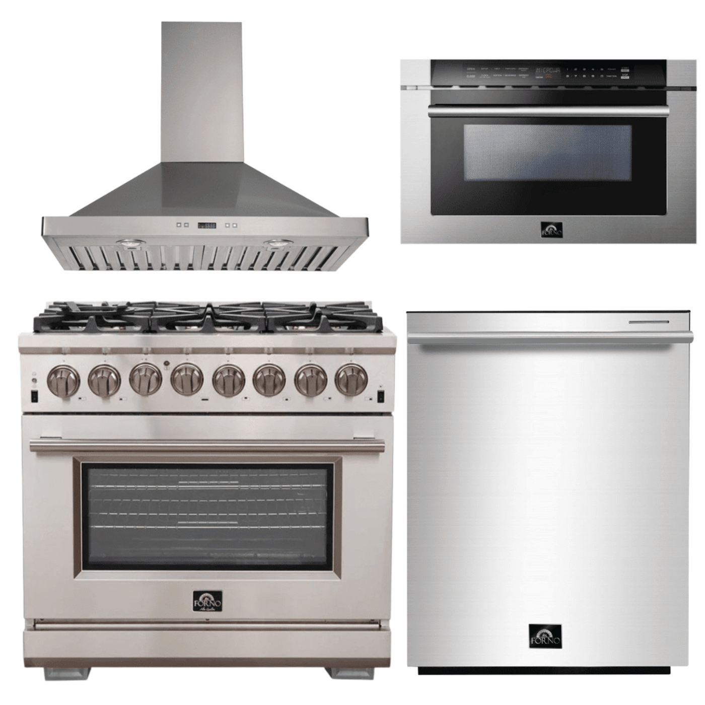 Forno Appliance Package - 36 Inch Gas Burner/Electric Oven Pro Range, Wall Mount Range Hood, Microwave Drawer, Dishwasher, AP-FFSGS6187-36-W-6