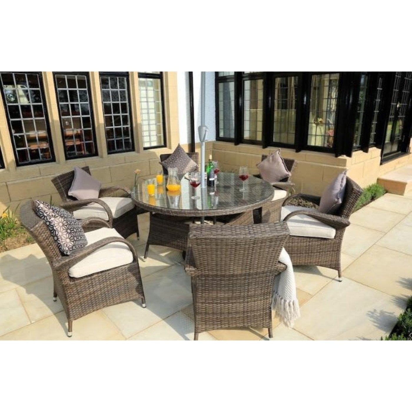 Brown 7-Piece Wicker Outdoor Dining Set with Washed Cushion Round Table - 372324