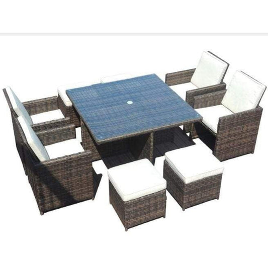 Home Roots Brown Wicker 9-Piece Square Outdoor Dining Set with Beige Cushions - 372319