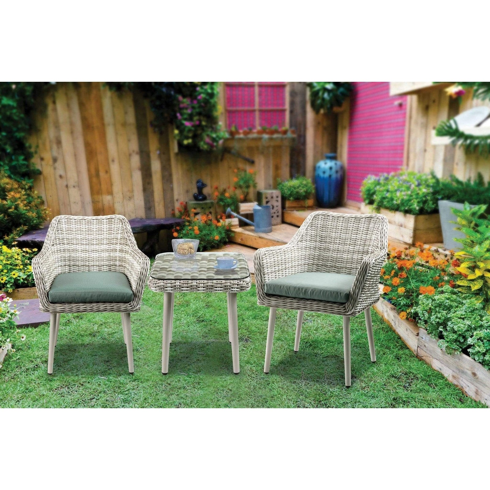 Resin Wicker and Metal Patio Bistro Set with Two Chairs and Table, Beige and Green, Set of Three - 342099