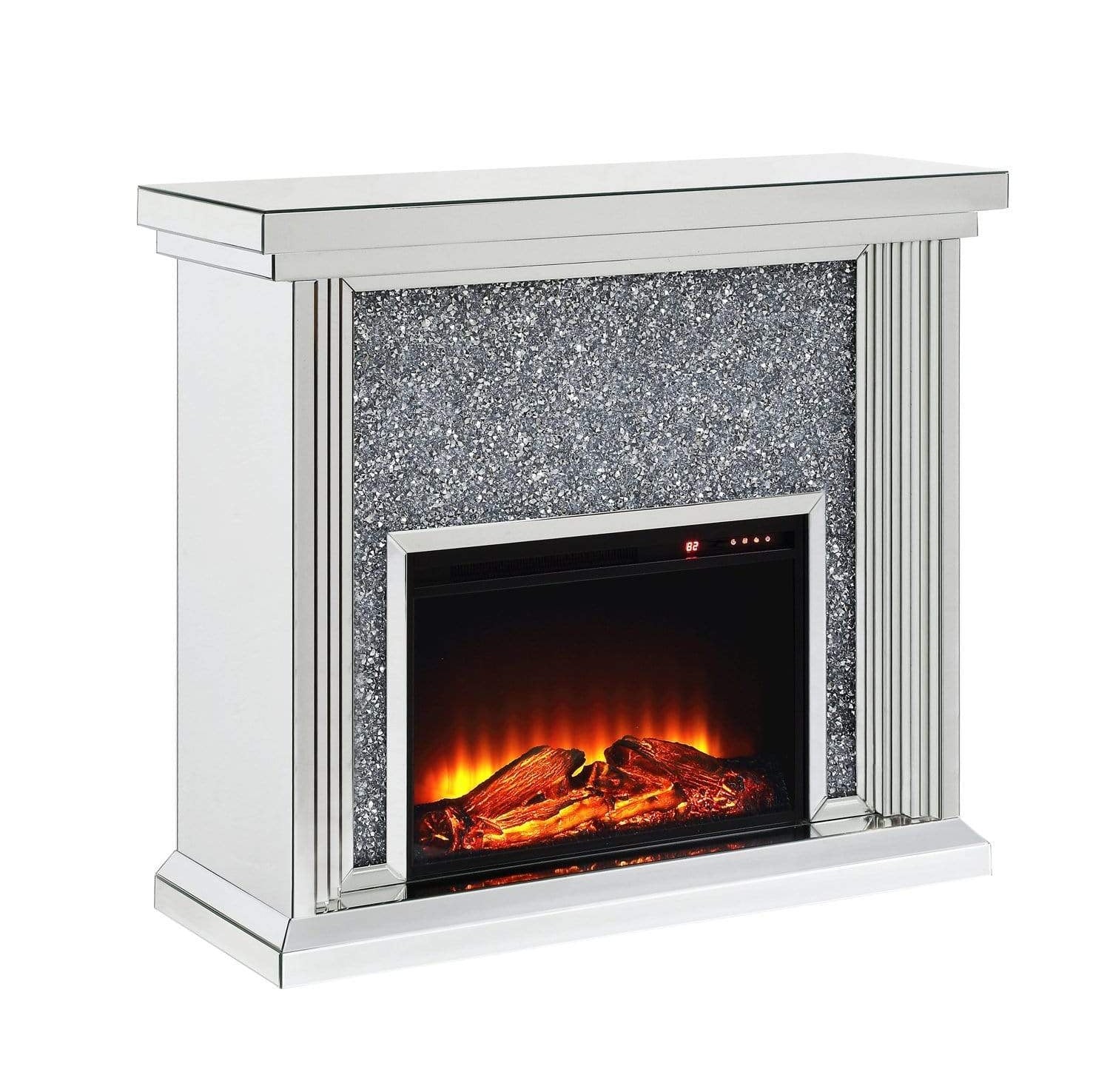 Wood and Mirror Electric Fireplace with Faux Crystals Inlay, Clear and Black - 350910