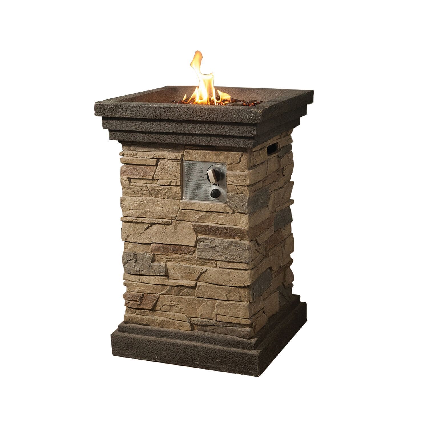 HomeRoots Outdoors- Square Outdoor Gas Fire Pit with Lava Rocks and Stone Cladding, Brown | 352192