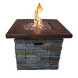 HomeRoots Outdoors- Square Wood Look Gas Fire Pit with Stone Cladding, Gray and Brown | 352193