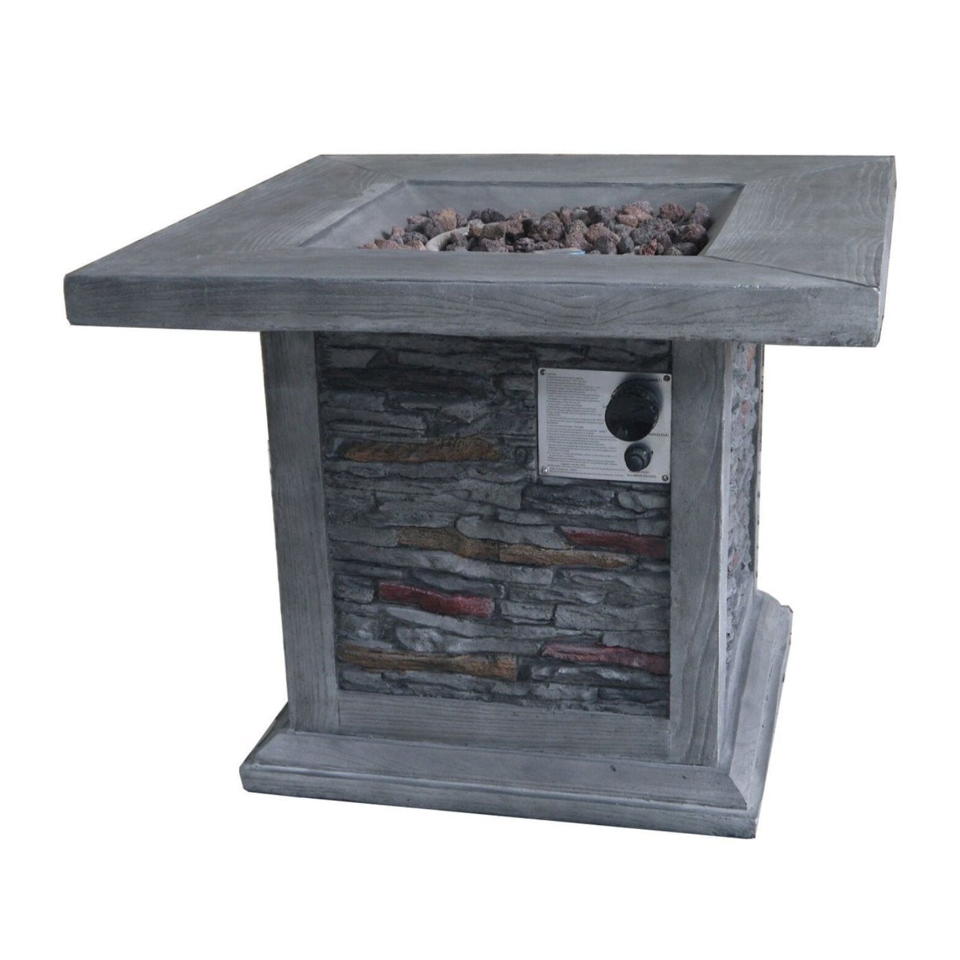 HomeRoots Outdoors- Wood Look Outdoor Gas Fire Pit with Stone Cladding and Lava Rocks,Gray | 30x30 | 352264