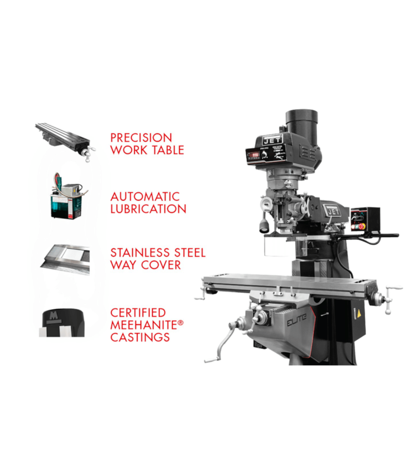 JET Elite EVS-949 Mill with 2-Axis ACU-RITE 203 DRO and X, Y-Axis JET Powerfeeds - JT9-894312