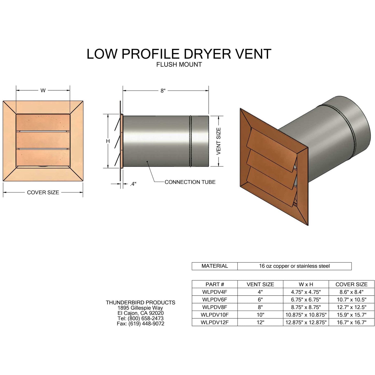 Copperlab Stainless Steel Low Profile Louvered Dryer Vent - Exhaust Vent (4"-12") -  SWLPDV10F